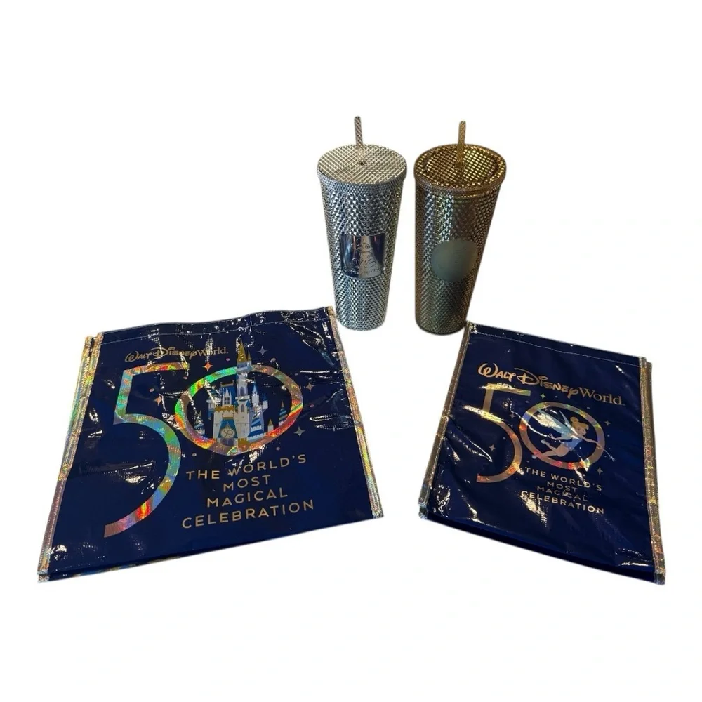Disney Collectible Starbucks Tumbler Gold Silver 50th AnniversaryTumbler Straws